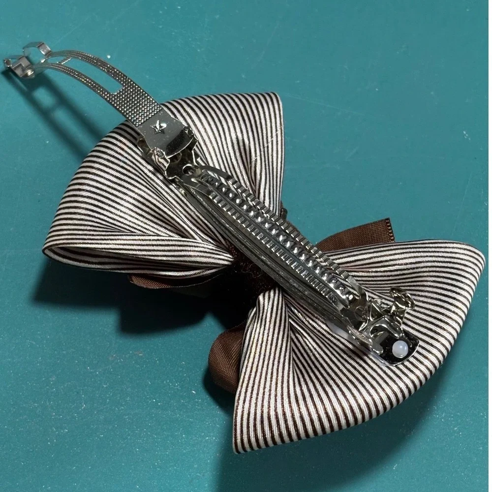Brown Striped Satin‎ Rhinestone Hair Bow Barrette Clip Elegant Accessory